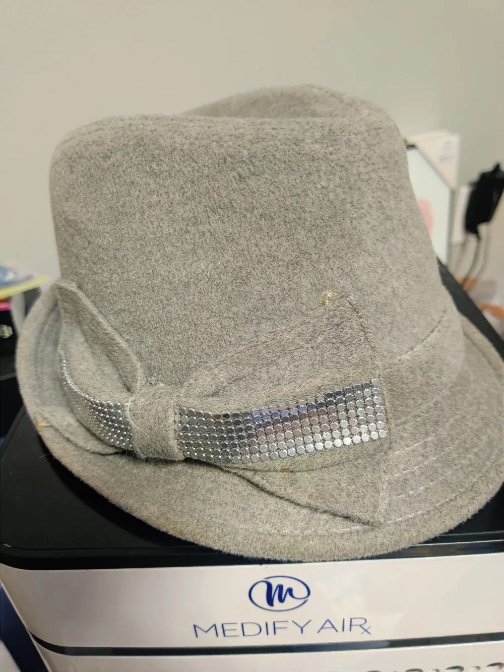 Scala Gray Wool Felt Fedora with Silver Sequin Bow